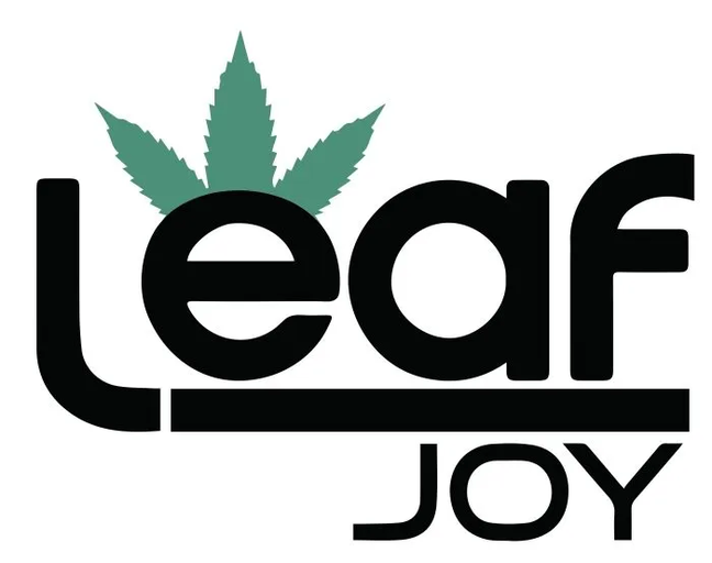 Leaf Joy logo: bold black 'leaf' with a green cannabis leaf above and 'JOY' beneath.