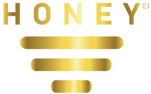 Gold gradient 'HONEY' wordmark with three rounded horizontal bars beneath on a green background.