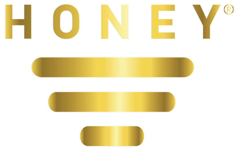 Gold gradient 'HONEY' wordmark with three rounded horizontal bars beneath on a green background.