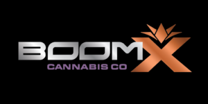 Boom X Cannabis Co logo: metallic silver 'BOOM', copper X, and purple 'CANNABIS CO' on a black background.