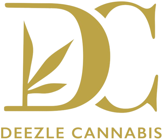 Gold logo with stylized D and C initials and a cannabis leaf motif, plus the text 'DEEZE CANNABIS' beneath (branding for a cannabis company).