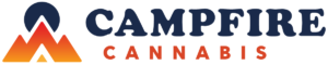 Campfire Cannabis logo: stylized orange flame-mountain icon on the left and the word CAMPFIRE in dark blue with CANNABIS in orange below.
