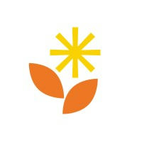 Stylized orange flower with two leaves and a yellow starburst center on a white background.