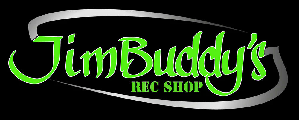 Logo for JimBuddy's Rec Shop in bright green script with a silver oval frame on a black background.