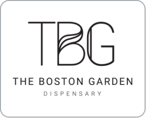Logo for The Boston Garden Dispensary (TBG), with stylized 'TBG' letters above the full name on a white background.