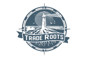 Circular Trade Roots logo with a lighthouse atop roots inside a compass-like ring and a ribbon reading TRADE ROOTS