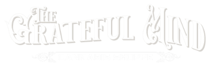 Brand logo: The Grateful Mind Cannabis Shoppe in ornate white typography on black background.