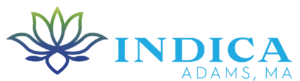 Brand logo featuring a gradient lotus motif left of the blue word 'INDICA' and 'ADAMS, MA' below.