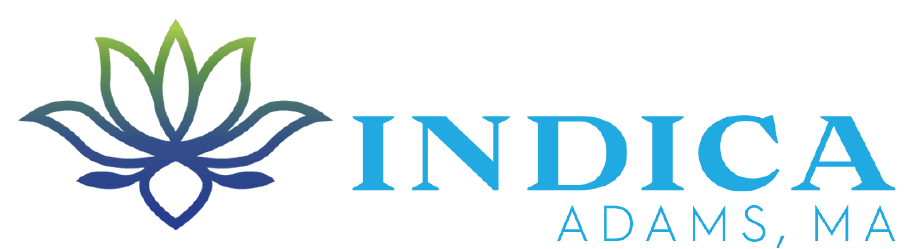 Brand logo featuring a gradient lotus motif left of the blue word 'INDICA' and 'ADAMS, MA' below.