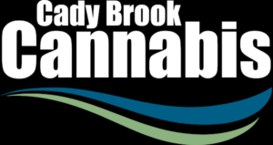 Logo for Cady Brook Cannabis featuring bold white text and blue-green wave swooshes on a black background.