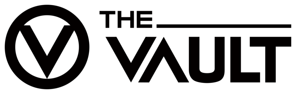 The Vault logo on a black background: circular emblem with a V-like notch, followed by the bold text THE VAULT.