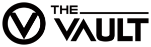 The Vault logo on a black background: circular emblem with a V-like notch, followed by the bold text THE VAULT.