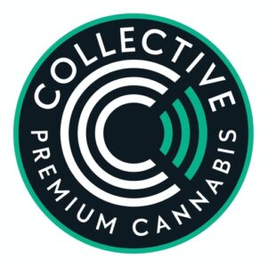 Logo for Collective Premium Cannabis: circular badge with teal border, dark center, white concentric rings and teal arc, with the words 'COLLECTIVE' and 'PREMIUM CANNABIS' around the edge.
