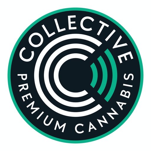 Logo for Collective Premium Cannabis: circular badge with teal border, dark center, white concentric rings and teal arc, with the words 'COLLECTIVE' and 'PREMIUM CANNABIS' around the edge.