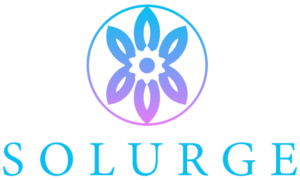 Circular SOLURGE logo: gradient blue-to-purple flower icon above the brand name SOLURGE in blue uppercase letters.
