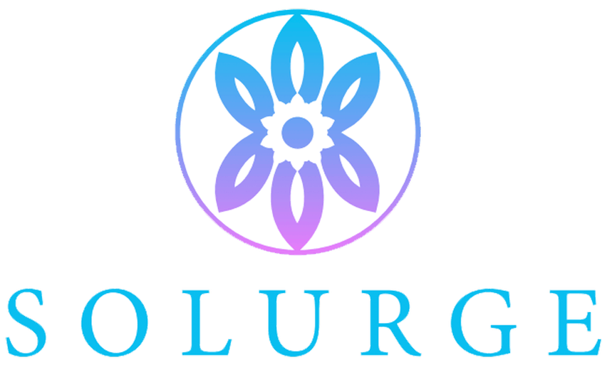 Circular SOLURGE logo: gradient blue-to-purple flower icon above the brand name SOLURGE in blue uppercase letters.