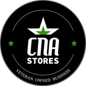 Circular black logo badge for CNA Stores with a white star and green accents; includes the text 'CNA STORES' and 'Veteran owned business' around the rim.