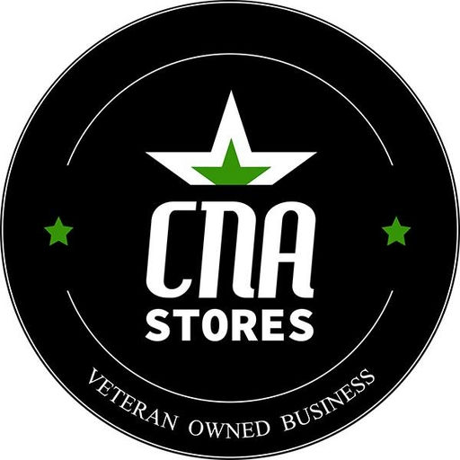 Circular black logo badge for CNA Stores with a white star and green accents; includes the text 'CNA STORES' and 'Veteran owned business' around the rim.