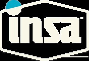 Stylized beige letters forming 'usa' on a dark background with a blue semicircle accent at the top-left corner.
