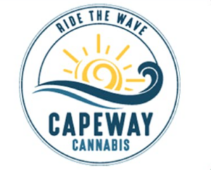 CapeWay Cannabis logo: a circular seal with a blue border, stylized sun and wave in teal and yellow, and the phrases “Ride the Wave” and “CapeWay Cannabis.”