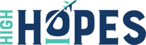 Logo for HIGH HOPES: vertical teal 'HIGH' to the left of large navy 'HOPES' with an airplane swoosh through the O.