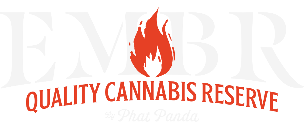 Logo for Ember Quality Cannabis Reserve by Phat Panda, featuring a central flame graphic and bold white letters.