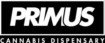 Primus Cannabis Dispensary logo with bold white wordmark on a black background.