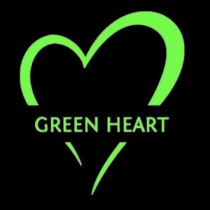 Neon-green heart outline logo with the words 'GREEN HEART' on a black background (brand logo).