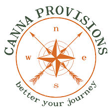Logo for Canna Provisions: orange compass rose with N, E, S, W, surrounded by circular text 'Canna Provisions' and motto 'better your journey'.