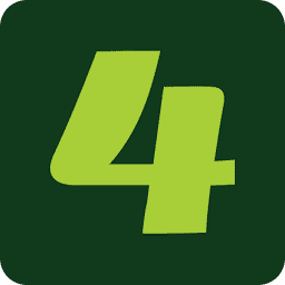 Stylized lime-green number 4 logo on dark green background.