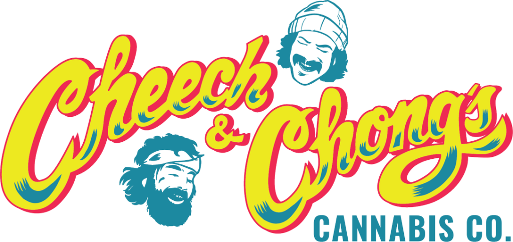 Logo for Cheech & Chong's Cannabis Co., featuring yellow script and teal portraits in a retro style
