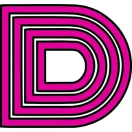Pink neon-outlined letter D logo on a black background, with multiple concentric D-shaped lines forming a bold emblem.
