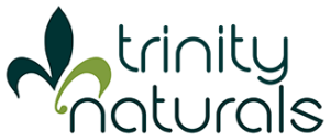 Trinity Naturals logo with teal 'trinity' text and white 'naturals' text, plus a teal and green leaf-like emblem on the left