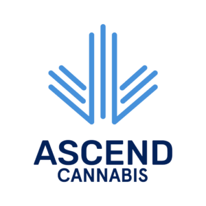 Ascend Cannabis logo: blue geometric wing motif above the bold company name.