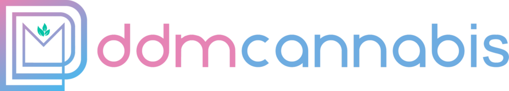 DomCannabis logo: gradient pink-to-blue wordmark with stacked, rounded-square outlines and a green cannabis leaf inside a stylized envelope shape