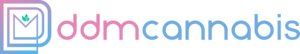 DomCannabis logo: gradient pink-to-blue wordmark with stacked, rounded-square outlines and a green cannabis leaf inside a stylized envelope shape