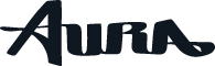 Aura logo wordmark in dark blue with a flowing script