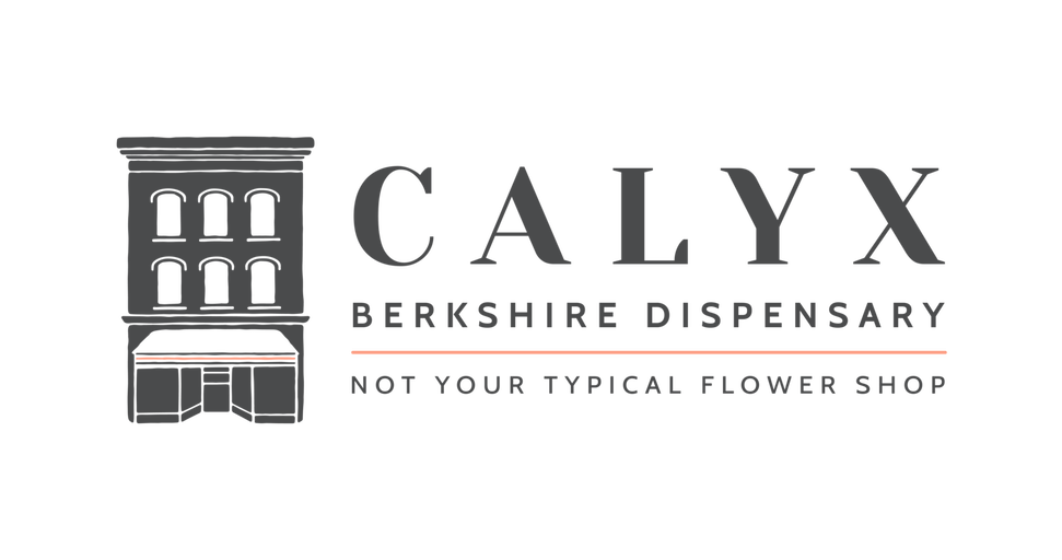 CalYX Berkshire Dispensary logo with a stylized gray building icon and the tagline 'Not your typical flower shop' in coral underline color.