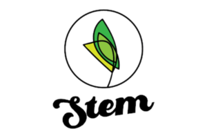 Logo for Stem: a green leaf inside a circle above the word Stem in bold cursive lettering (black).