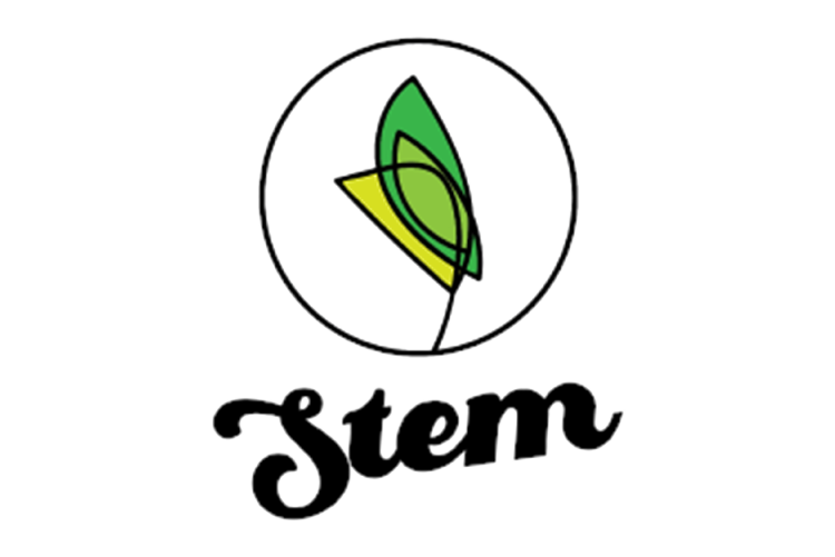 Logo for Stem: a green leaf inside a circle above the word Stem in bold cursive lettering (black).