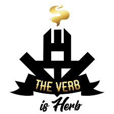 Brand logo with a black abstract emblem, a gold steam motif above, and the slogan 'THE VERB is Herb' on a ribbon with handwritten subtitle below.