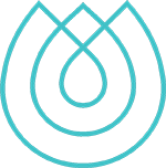 Turquoise circular logo with overlapping arcs and a central water droplet.