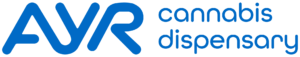 AVR cannabis dispensary logo in blue, with a stylized 'AVR' mark on the left and 'cannabis dispensary' text on the right.
