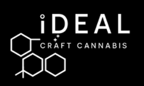 iDEAL Craft Cannabis logo on a black background with white text and hexagonal molecular shapes.