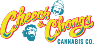 Logo: 'Cheech & Chong's Cannabis Co.' in bright yellow script with teal accents, featuring caricature heads of Cheech and Chong.