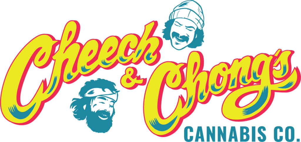 Logo for Cheech & Chong's Cannabis Co.: bright yellow script with red outline forming the brand name, teal bearded figures, on a white background.