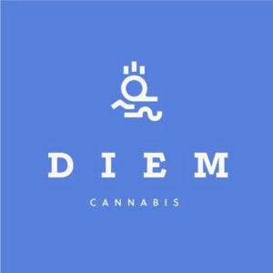 DIEM Cannabis logo on a blue background with an abstract white icon above the word DIEM and 'CANNABIS' beneath.