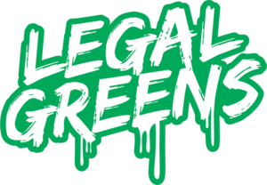 Logo in green graffiti style reading 'Legal Greens' with white letters and dripping paint effect, reads as a brand mark