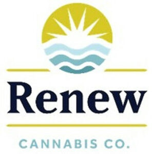 Renew Cannabis Co. logo with a yellow sun above blue waves, the word 'Renew' in navy and 'CANNABIS CO.' in light blue.
