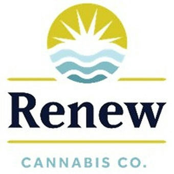 Renew Cannabis Co. logo with a yellow sun above blue waves, the word 'Renew' in navy and 'CANNABIS CO.' in light blue.